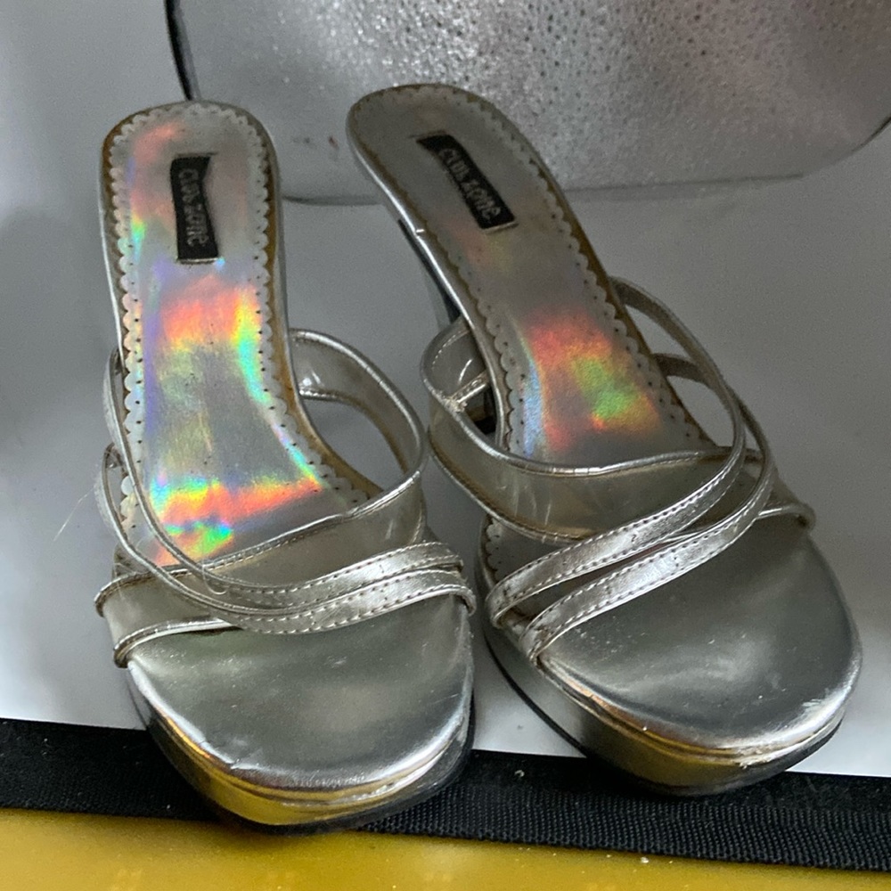 Club Zone silver high heels 4.5” tall  slight platform 3/4” high at toe Size 9